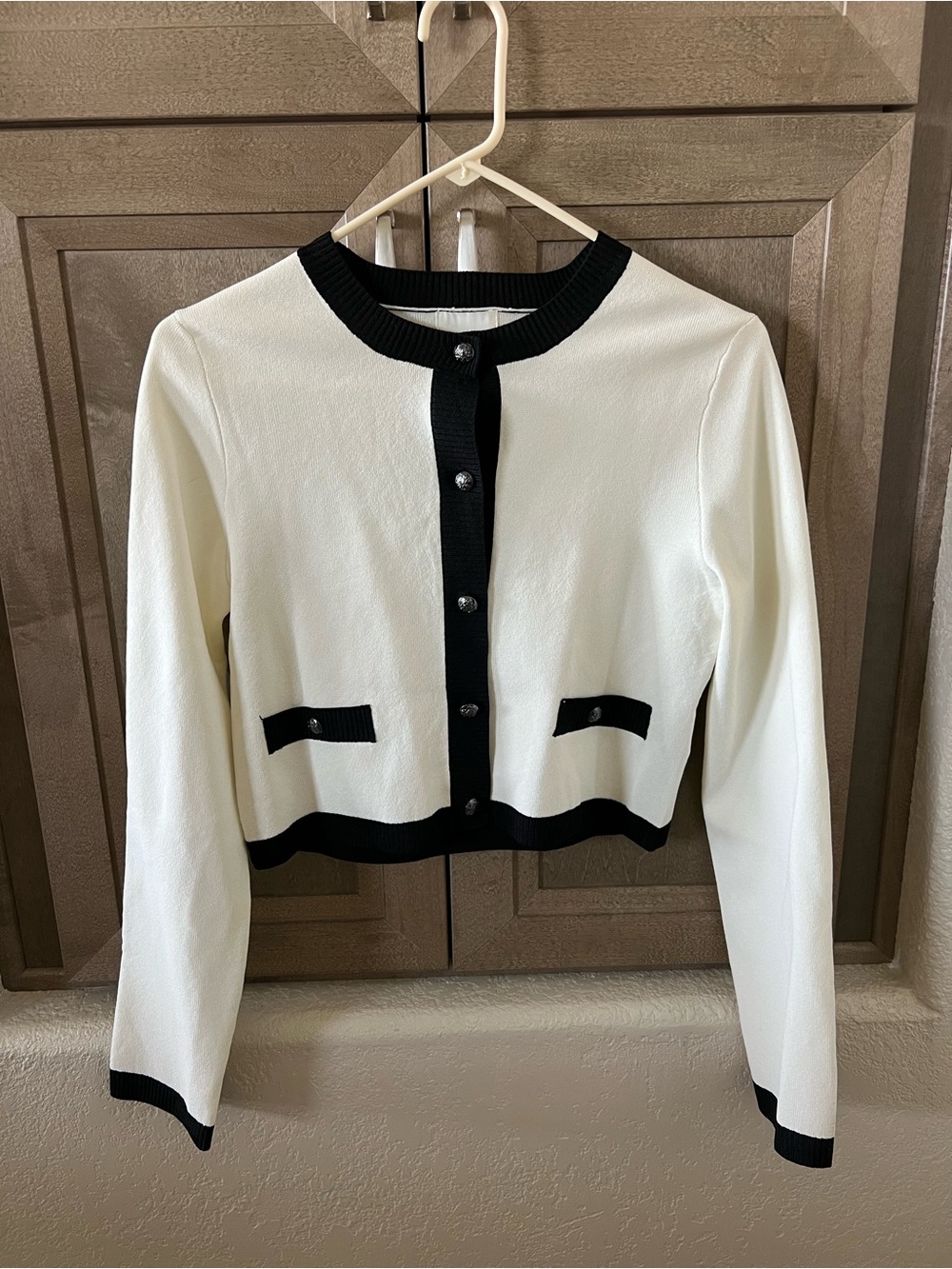Cropped White Cardigan with Black Trim- H&M